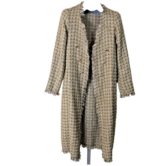 House of Harlow Tweed Open Coat Womens XS Gold Shimmer Jacket Boho Chic Fringe - Picture 1 of 7